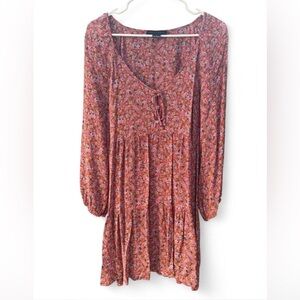 Sanctuary Pink Floral Tiered Mini Dress Long Sleeve Boho Dress Size M